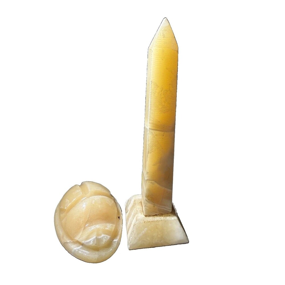 VTG 8 Inch Large Alabaster Egyptian Obelisk & Scarab Beetle Paperweight Desk Set